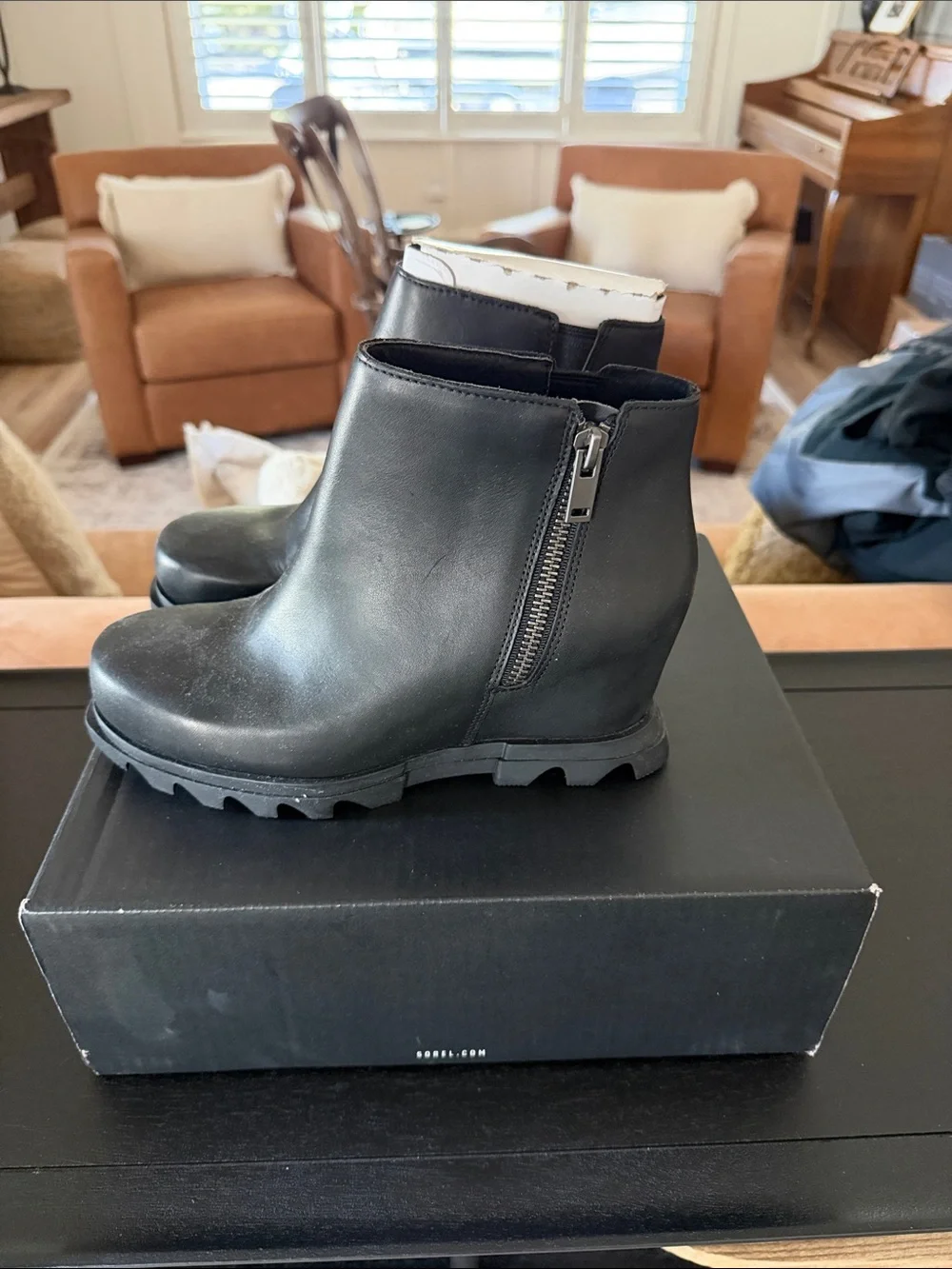 Sorel Joan of Arctic Wedge III Zip Boots in Black and Sea Salt